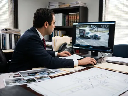 Commercial vehicle accident lawyer reviewing surveillance footage of a delivery truck collision