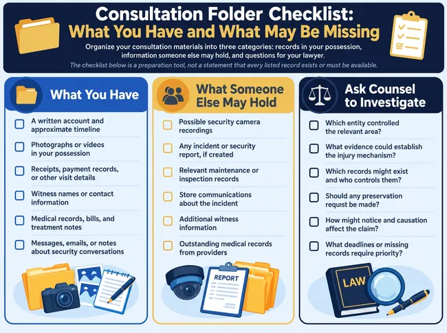 Consultation Folder Checklist infographic showing documents to bring to a personal injury lawyer