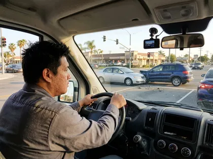 Delivery driver witnessing a car accident at a busy intersection with a dashboard camera recording a collision