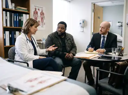 Doctor discussing an injury with a patient and attorney