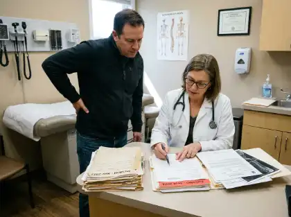 Doctor reviewing medical records with a patient experiencing back pain