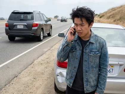 Driver calling for help beside a damaged car stopped on the shoulder of a busy highway