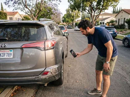 Driver documenting scratches and dents on a damaged SUV with a smartphone for an auto insurance claim