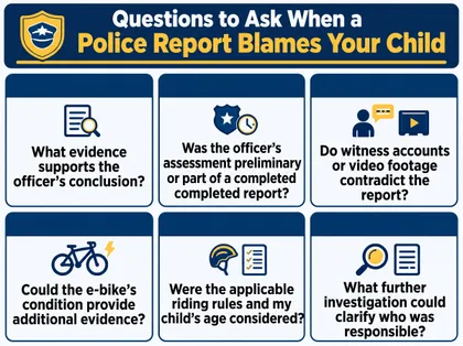 E-bike injury claim infographic outlining important questions about police reports