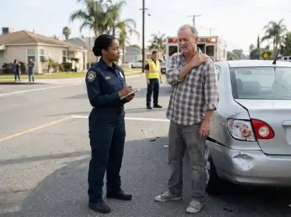 EMT speaking with an injured driver beside a damaged car after an accident