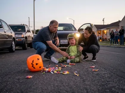 Escena de un accidente de peatones en Halloween en la que se ve a un niño llorando con un disfraz de dinosaurio verde