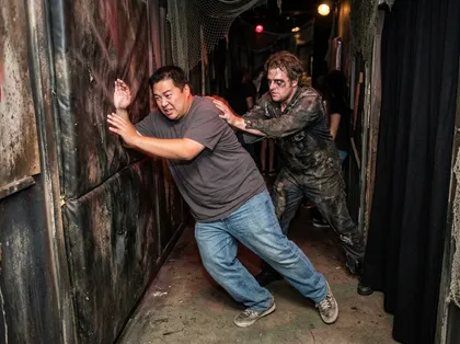 Escena de un accidente en una casa encantada de Halloween en la que aparece un hombre sobresaltado que pierde el equilibrio