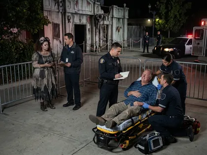 Escena de un accidente nocturno en un parque de atracciones en la que se ve a unos paramédicos atendiendo a un hombre herido