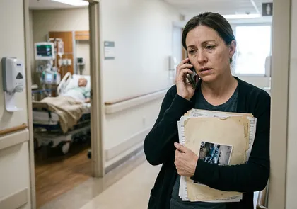 Family member discussing contingency fees with a personal injury lawyer while a loved one remains hospitalized