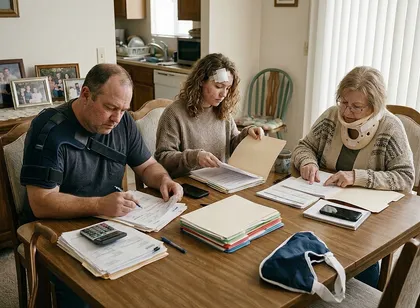 Family members reviewing insurance documents before giving a recorded statement after a car accident
