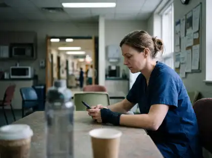 Healthcare worker wearing a wrist brace while using a phone in a hospital break room
