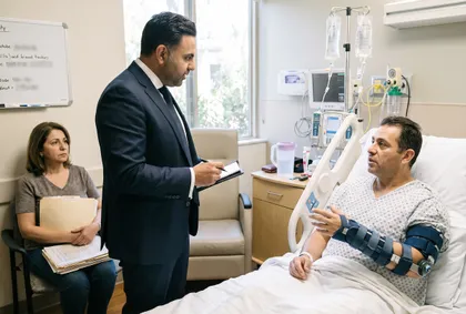 Hospitalized injury victim reviewing a legal representation agreement with a personal injury lawyer