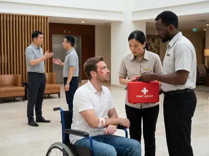 Hotel staff assisting an injured guest after an accident