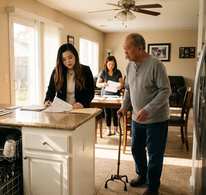 In home consultation with a senior man, legal or insurance paperwork, and a professional reviewing documents