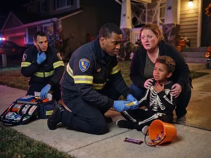 Incidente de lesiones por dulces de Halloween en el que se ve a los servicios de emergencia atendiendo a un niño que iba a pedir dulces tras una posible reacción alérgica