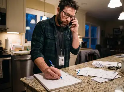 Injured employee taking notes during a phone call