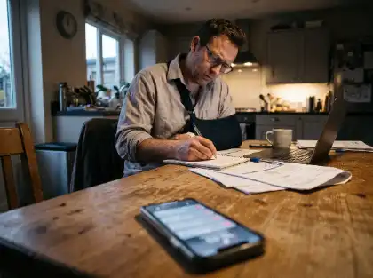 Injured man wearing an arm sling while reviewing documents at home