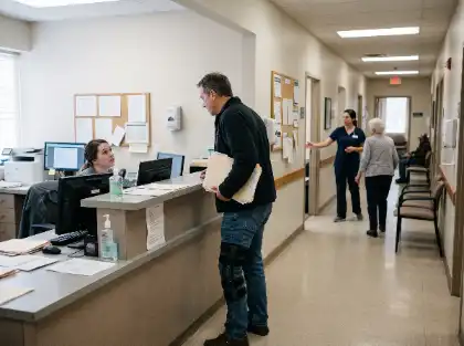 Injured man with a knee brace checking in at a medical clinic