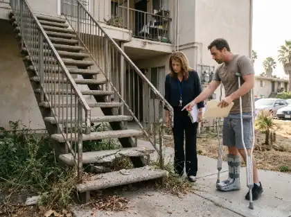 Injured tenant pointing out damaged apartment stairs to a property manager