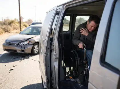 Injured wheelchair passenger inside a van after a car accident
