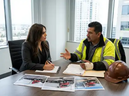Injured work truck driver discussing a drunk driving claim with his lawyer