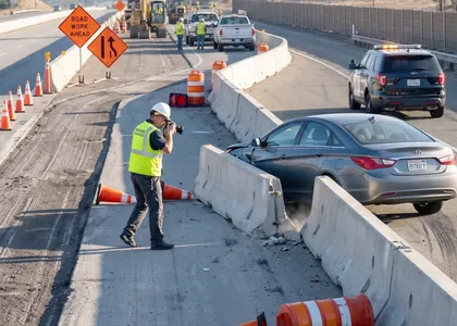 Investigador de un accidente de carro ocurrido en una zona de obras que fotografía las barreras de la calzada y las pruebas del siniestro para su posterior análisis jurídico