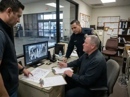 Investigators reviewing security footage and incident reports during an investigation