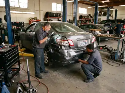 Man inspecting a damaged car after a hit-and-run accident