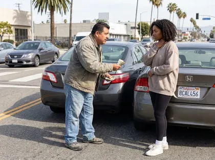 Man offering cash to a woman following a car accident involving two sedans on a city roadway