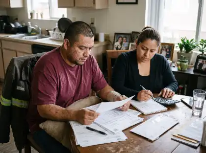 Man with a wrist brace reviewing insurance documents beside a woman using a calculator