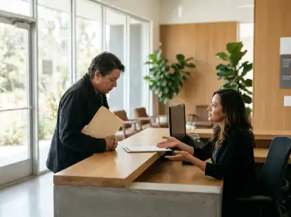 Man with documents speaking to a receptionist