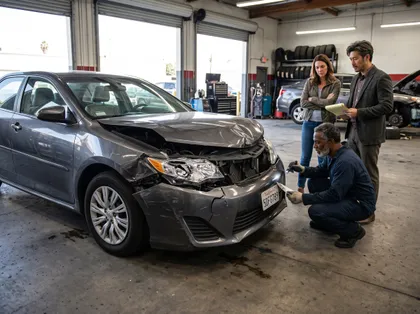 Mechanic and insurance adjuster inspecting car accident damage in California