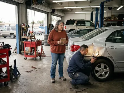 Mechanic inspecting vehicle damage after a Halloween drunk driving accident in California to assess repair costs