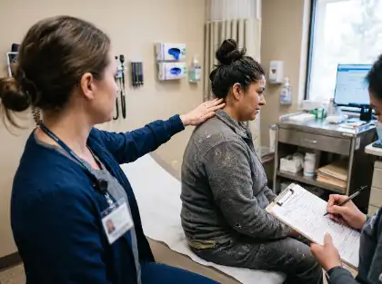 Médico que examina el cuello de un empleado