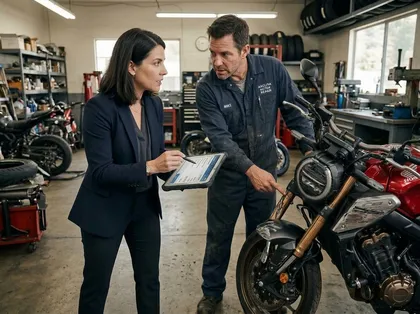Motorcycle repair estimate consultation with a mechanic examining crash damage and discussing repairs with a professional