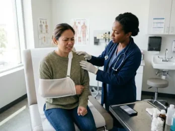Paciente con el brazo en cabestrillo al que le están haciendo un reconocimiento de una lesión en el hombro durante una visita a la consulta