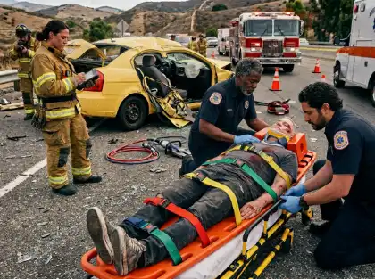 Paramédicos atendiendo a una víctima herida en un accidente