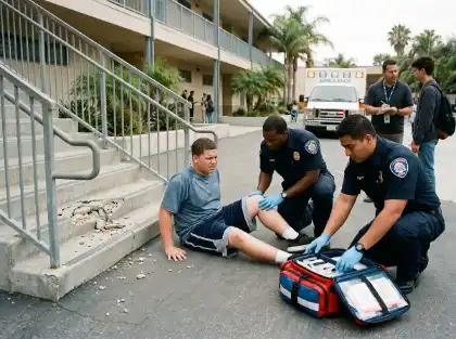 Paramedics assisting an injured student near school stairs