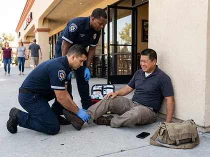 Paramedics assisting an injured worker outside a restaurant during a lunch break