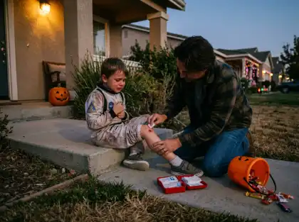 Parent cleaning a child’s scraped knee on Halloween