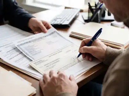 Persona que firma un cheque de indemnización del seguro durante la revisión de la documentación