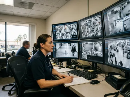 Personal de seguridad que revisa las grabaciones de las cámaras de vigilancia en busca de pruebas relacionadas con la responsabilidad civil por las instalaciones