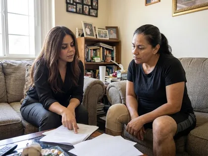 Personal injury attorney helping a car accident victim understand lost wage compensation while reviewing employment records