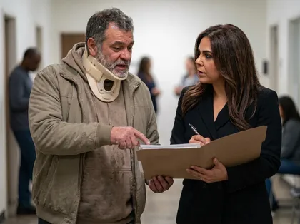 Personal injury consultation showing an injured man with a neck brace reviewing case documents with a lawyer