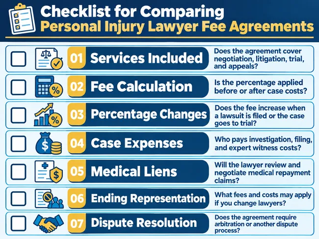 Personal injury lawyer fee agreement checklist comparing stage-based contingency fee percentage changes