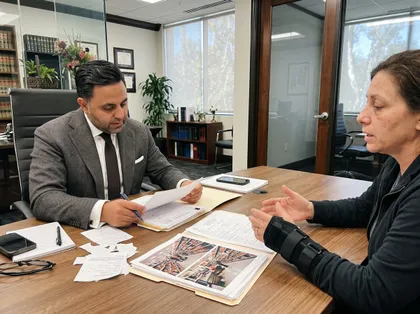 Personal injury lawyer reviewing store accident reports and photographs with an injured woman during a legal consultation