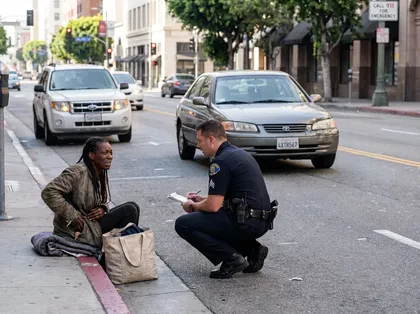 Police officer documenting a traffic accident as an injured pedestrian rests on the curb