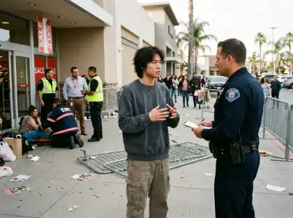 Police officer interviewing a witness outside a shopping center