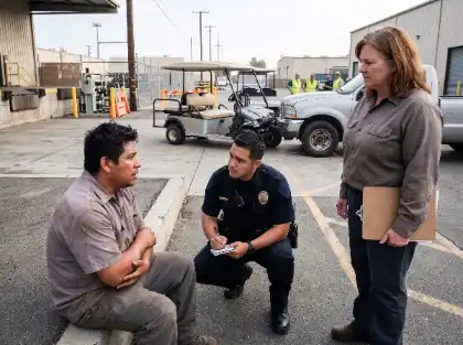 Police officer interviewing an injured worker near a damaged utility cart and pickup truck