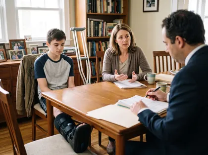 Reunión de un alumno lesionado y sus padres preocupados con un abogado para tratar la responsabilidad civil de las instalaciones escolares